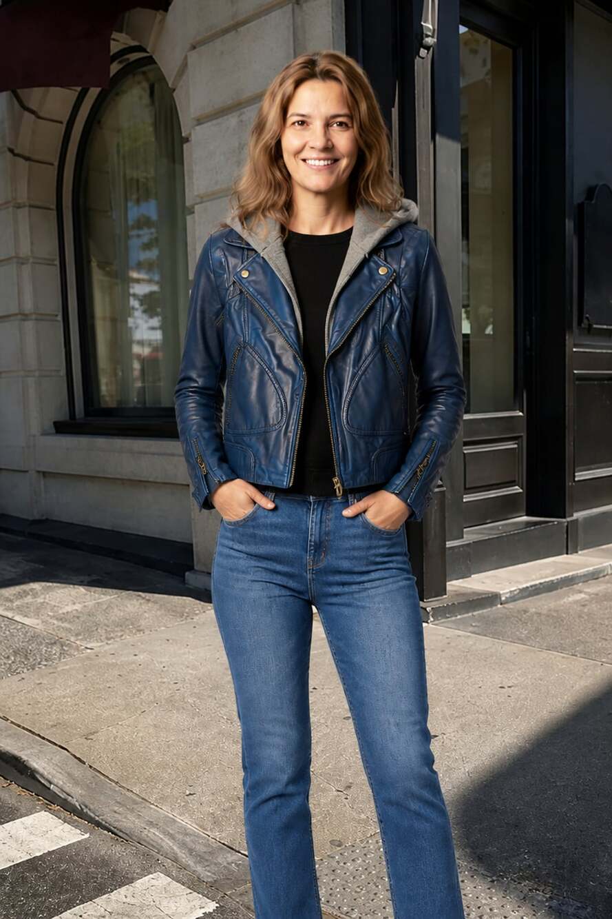 Doma Leather Biker Jacket Blue
